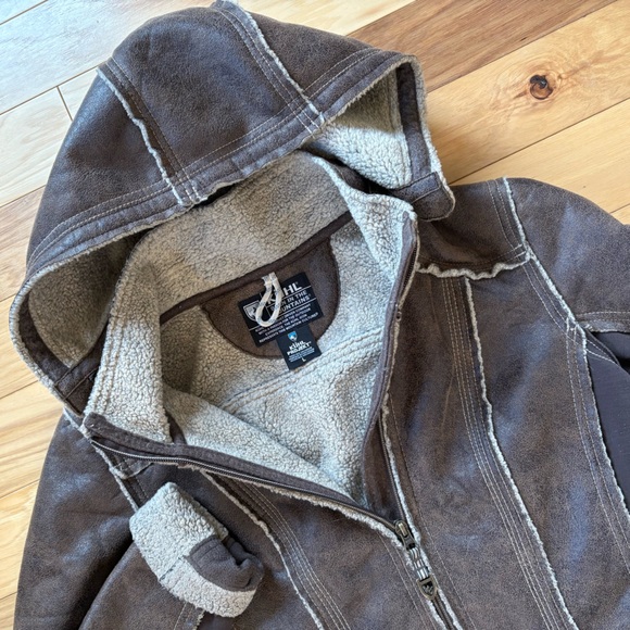 Kuhl Projekt Dani Sherpa Trench Coat Womens Sz L Brown Full Zip Hooded Jacket - Picture 1 of 14